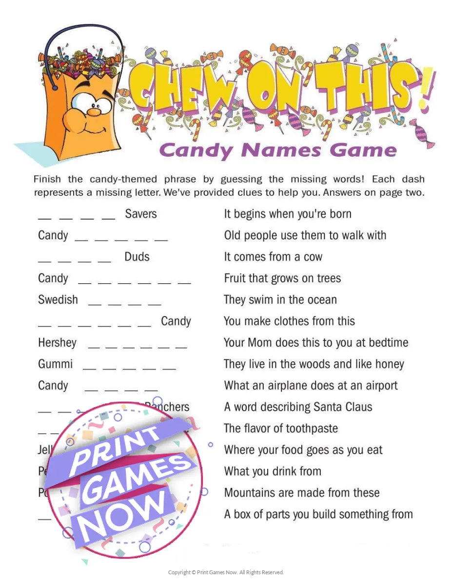 Halloween Chew On This Candy Names For Kids Party Game