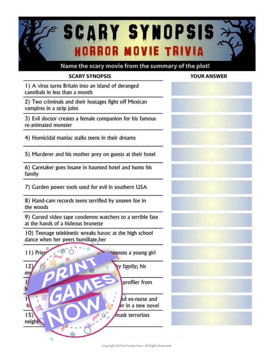 Halloween Scary Synopsis Horror Movie Trivia Party Game
