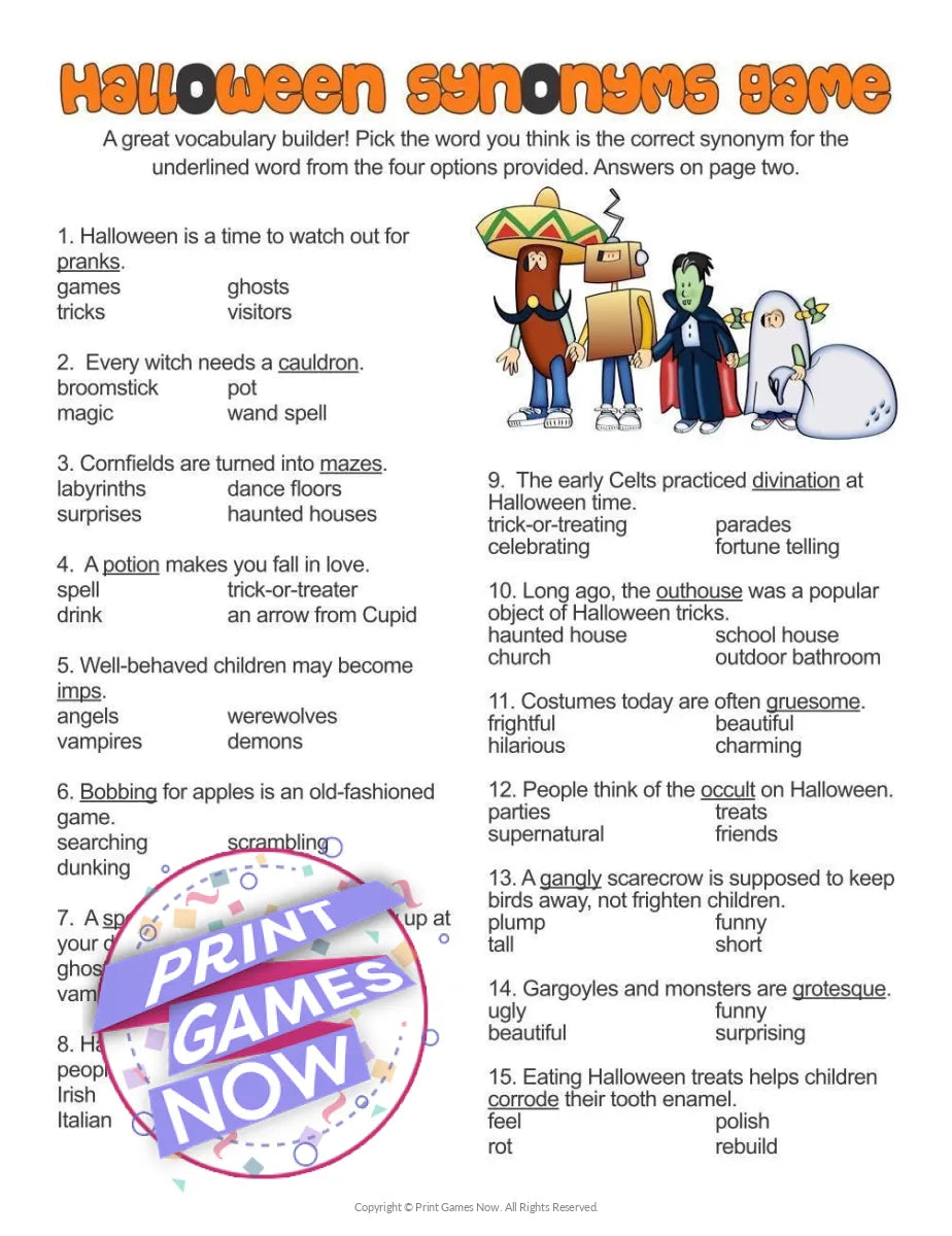 Halloween Synonyms For Kids Party Game