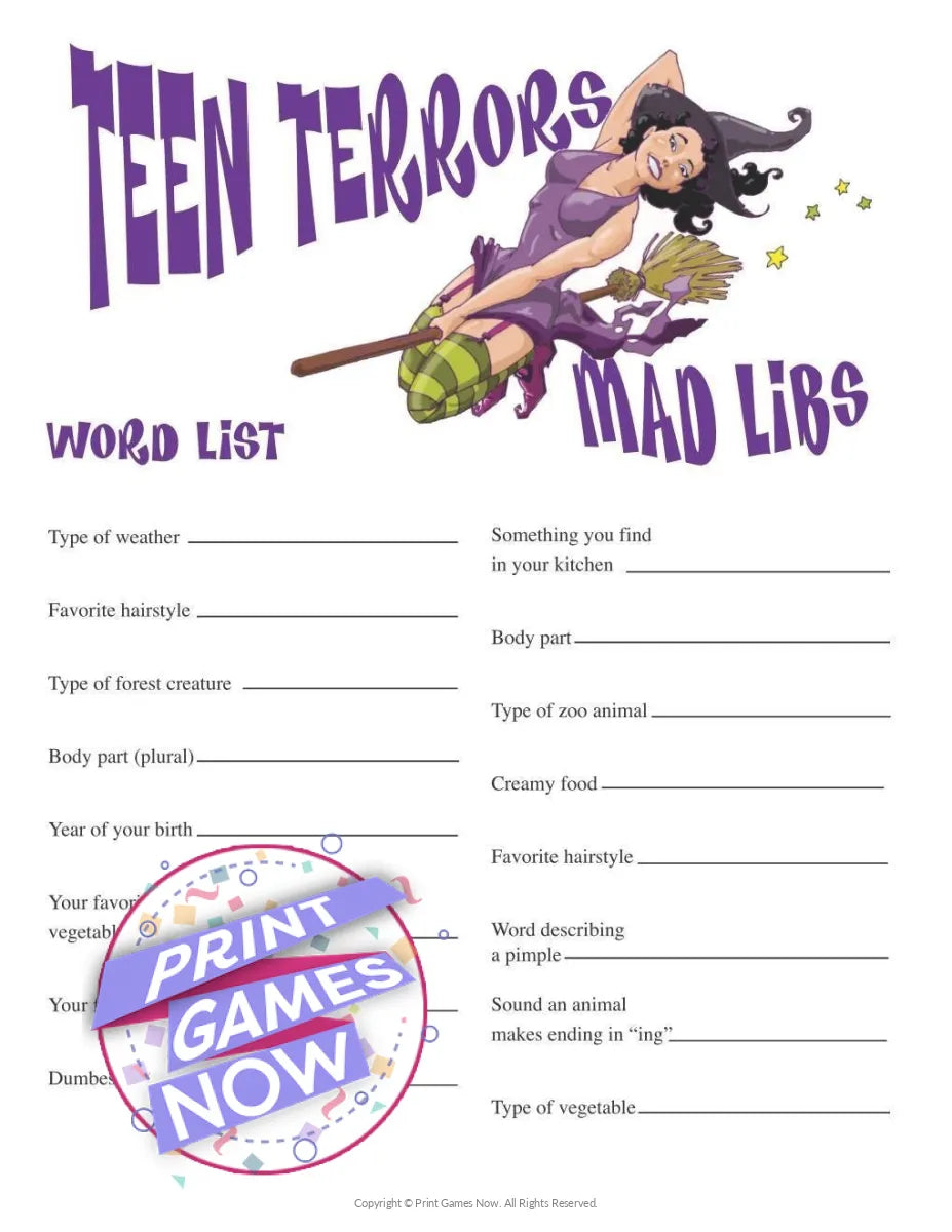 Halloween Teen Terrors Mad Libs Party Game