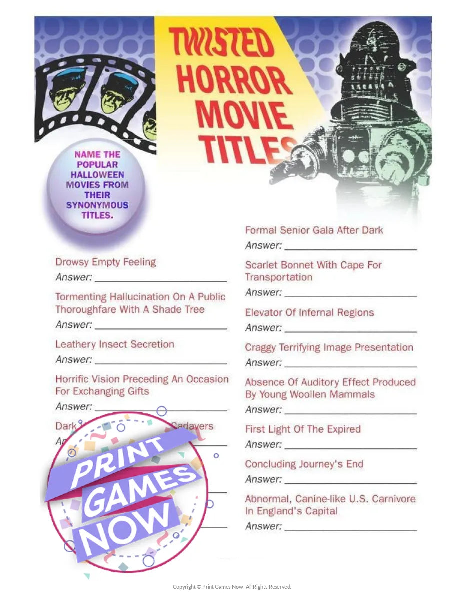 Halloween Twisted Horror Movie Titles Party Game