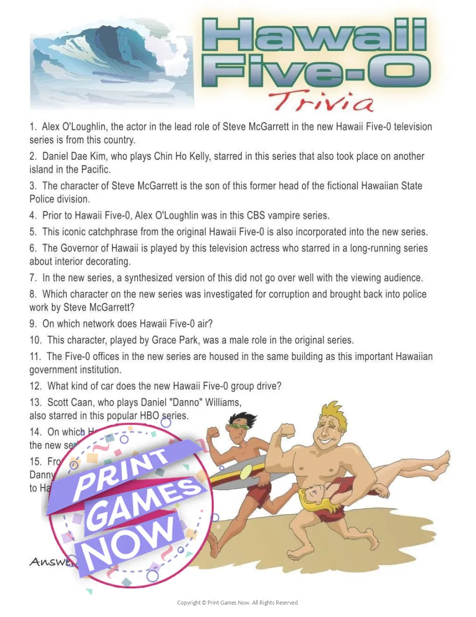 Hawaiian Luau Hawaii Five O Trivia Party Game