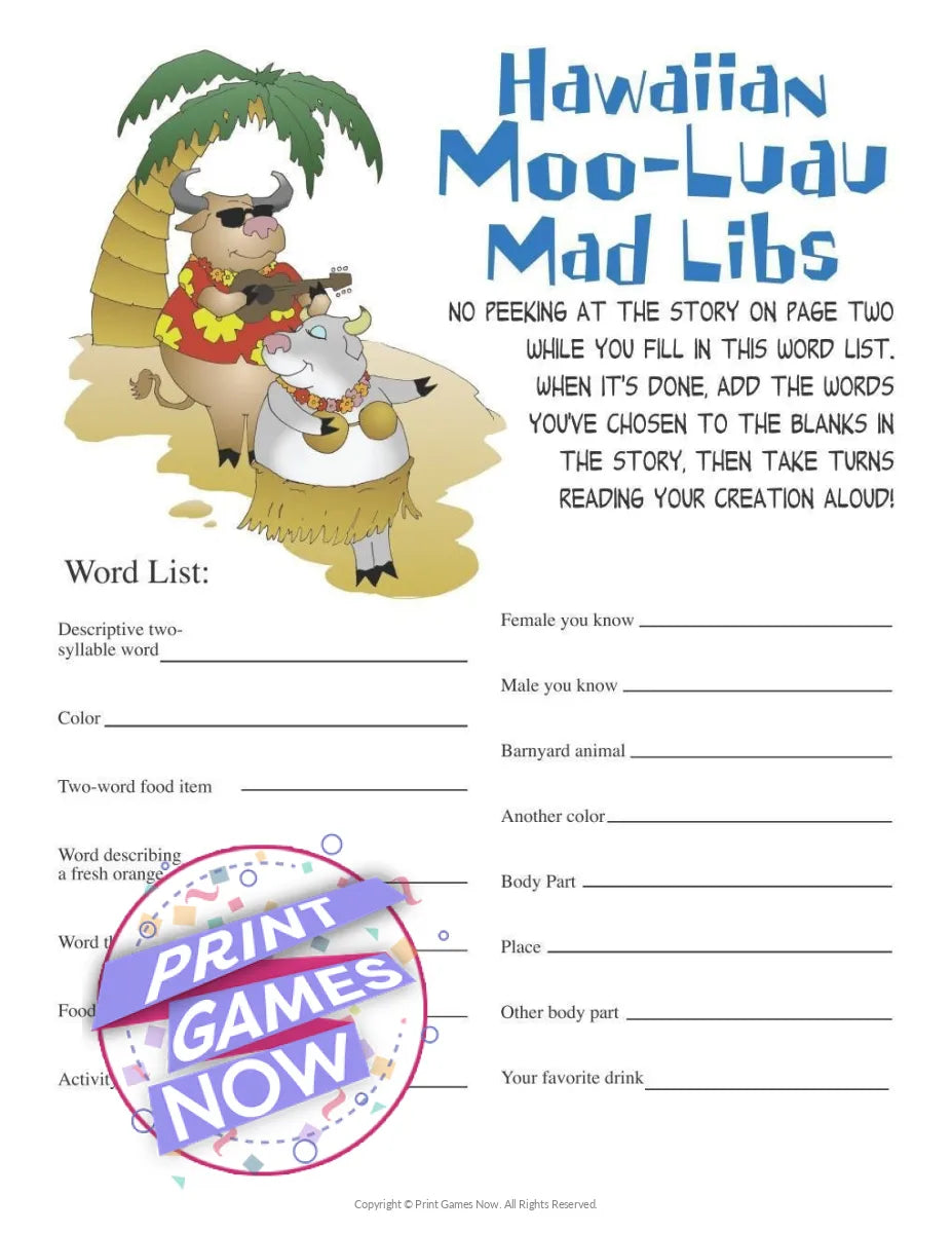 Hawaiian Luau Moo-Luau Mad Libs Party Game