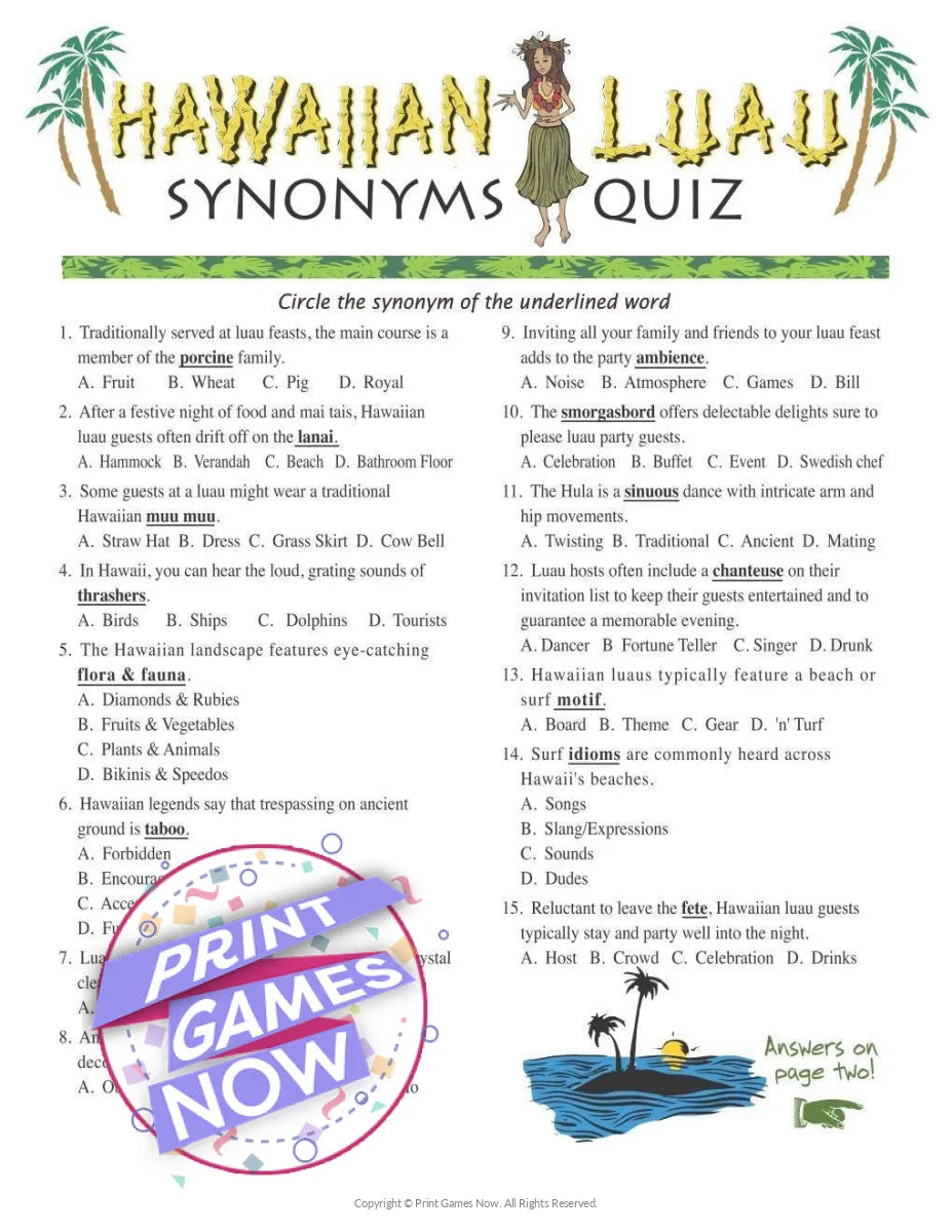 Hawaiian Luau Synonyms Quiz Party Game