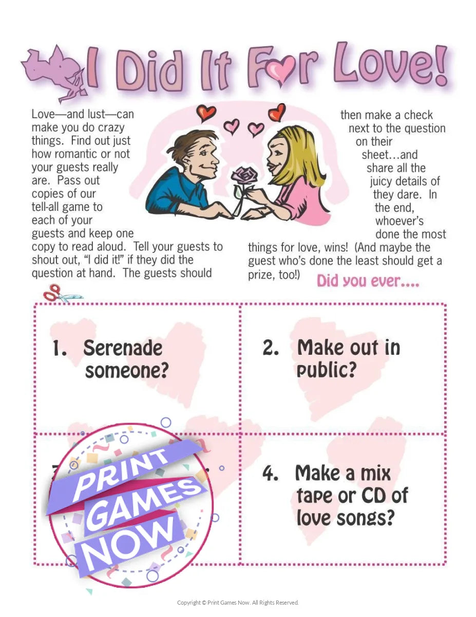 I Did It For Love Adult Party Game for Couples