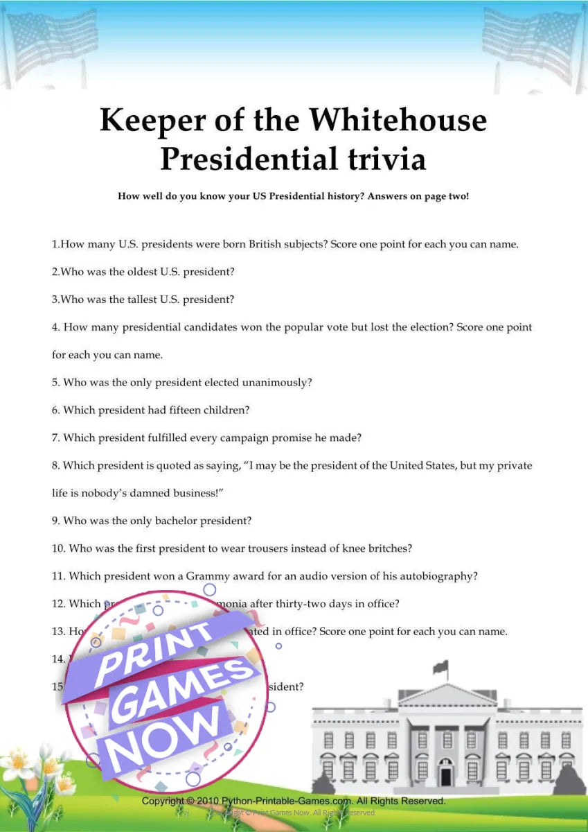 Independence Day Presidential Trivia Party Game