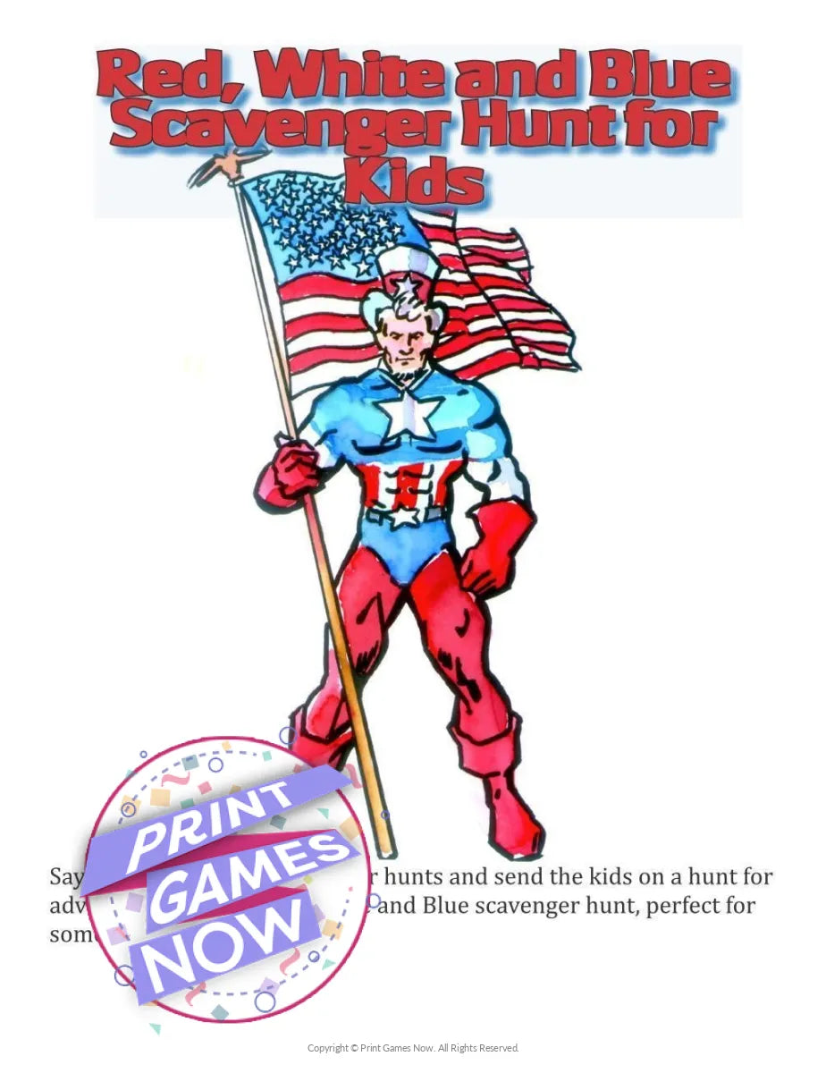 Independence Day Red White and Blue Scavenger Hunt Party Game