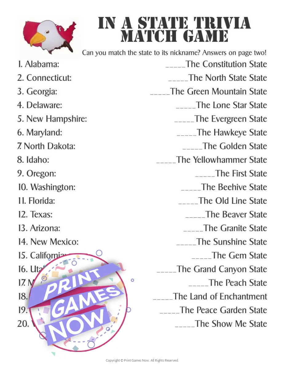 Independence Day State Nicknames Trivia Party Game