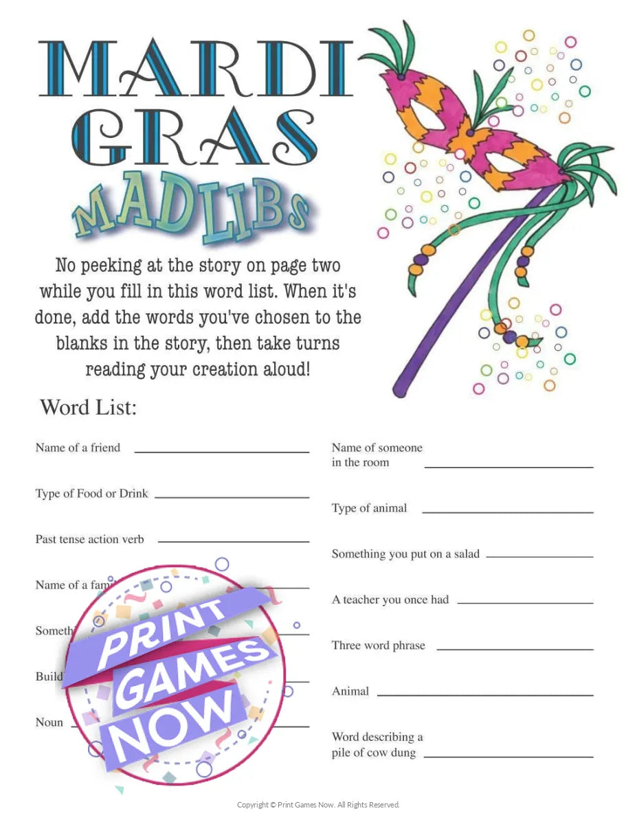 Mardi Gras Mad Libs Party Game