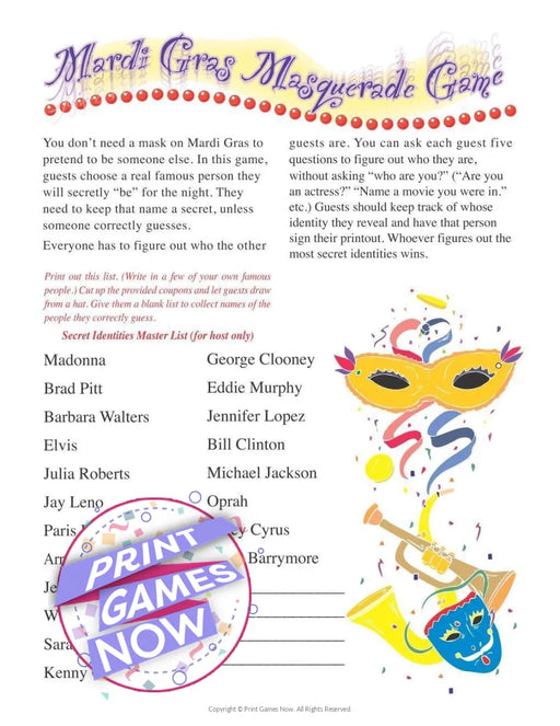 Printable Mardi Gras Synonyms Party Game — Print Games Now