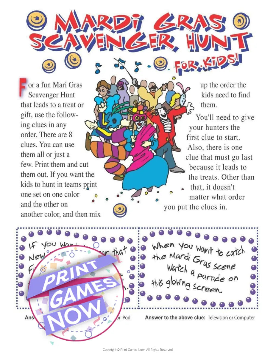 Mardi Gras Scavenger Hunt For Kids Party Game
