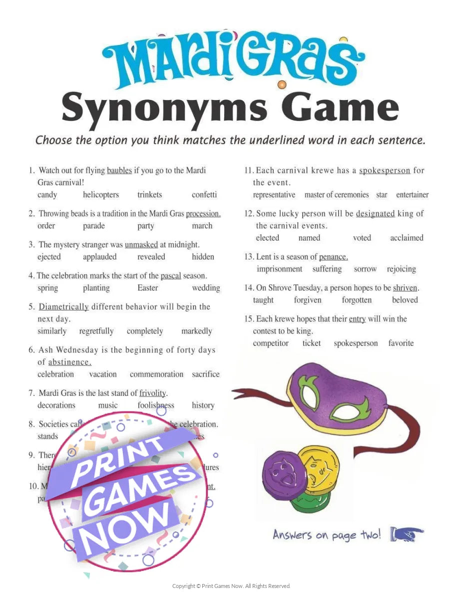 Mardi Gras Synonyms Party Game