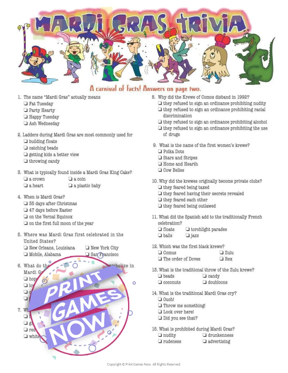 Mardi Gras Trivia Party Game