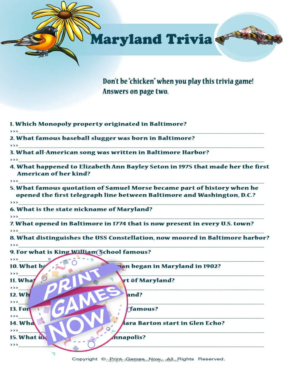 Maryland Party Trivia Game