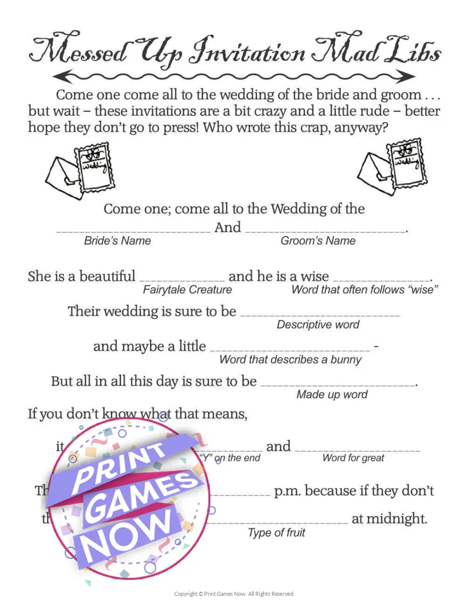 Messed Up Wedding Invitations Mad Libs Party Game