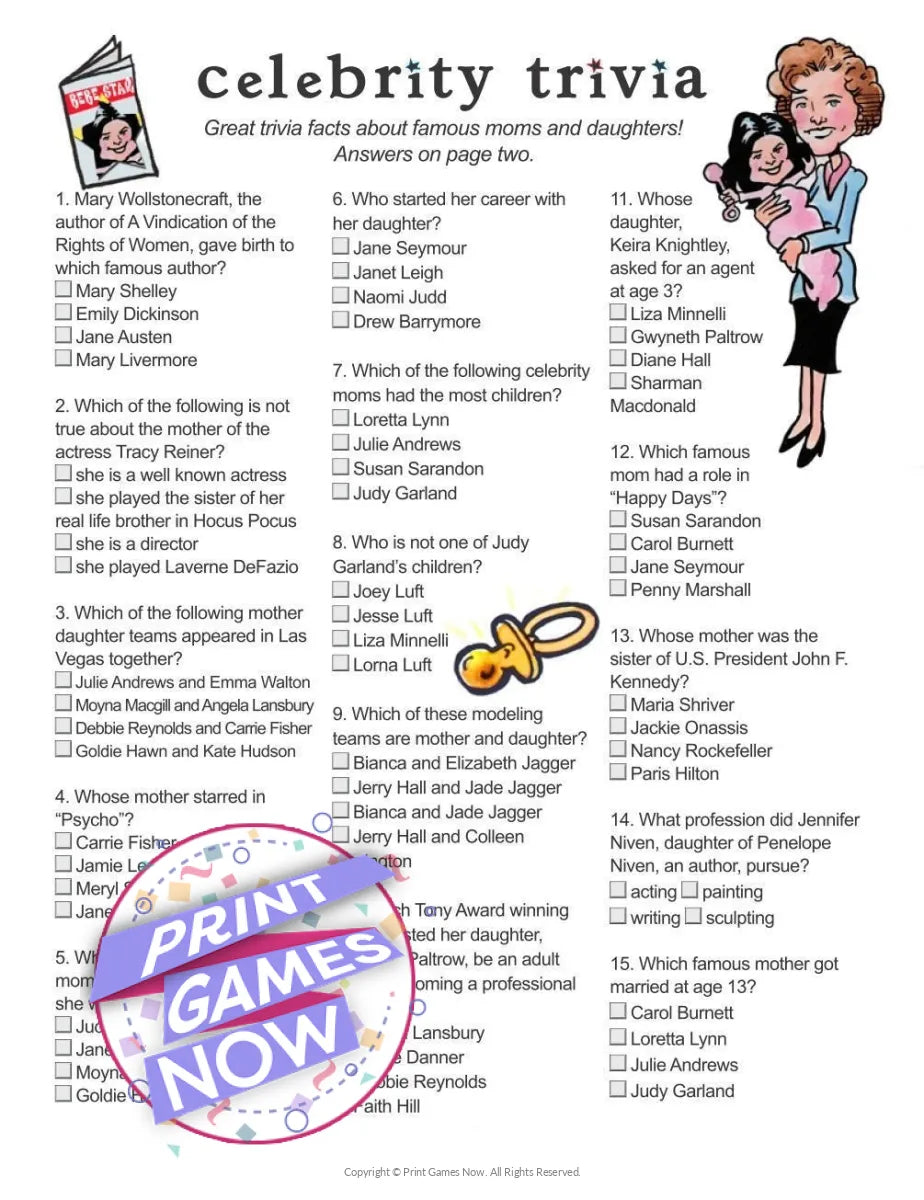 Mothers Day Famous Mothers and Daughters Party Game