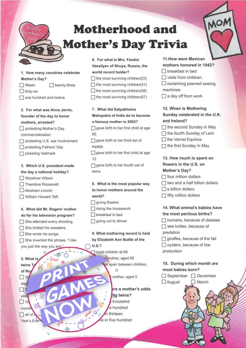 Mothers Day Trivia Party Game