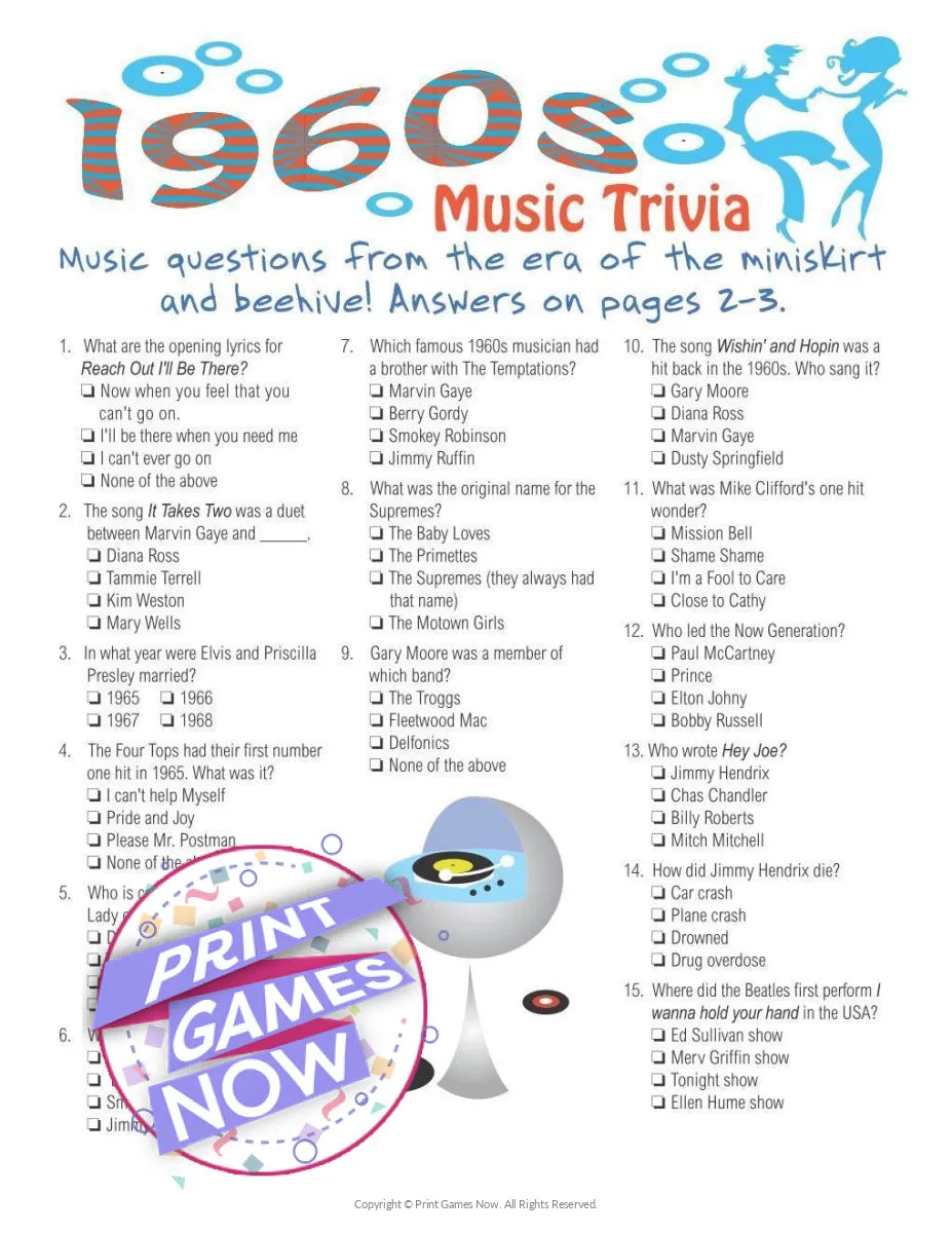 Music of 1960 Trivia Party Game