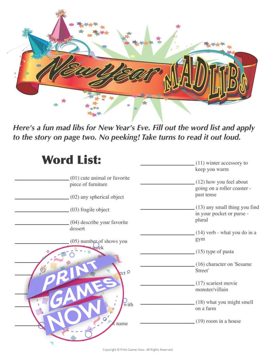 New Years Eve Mad Libs Party Game