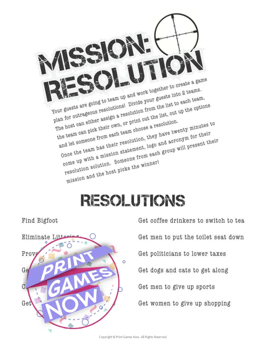 New Years Eve Resolutions Party Game