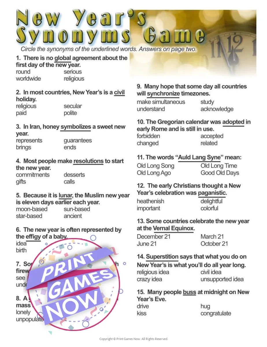 New Years Eve Synonyms Worksheet Party Game