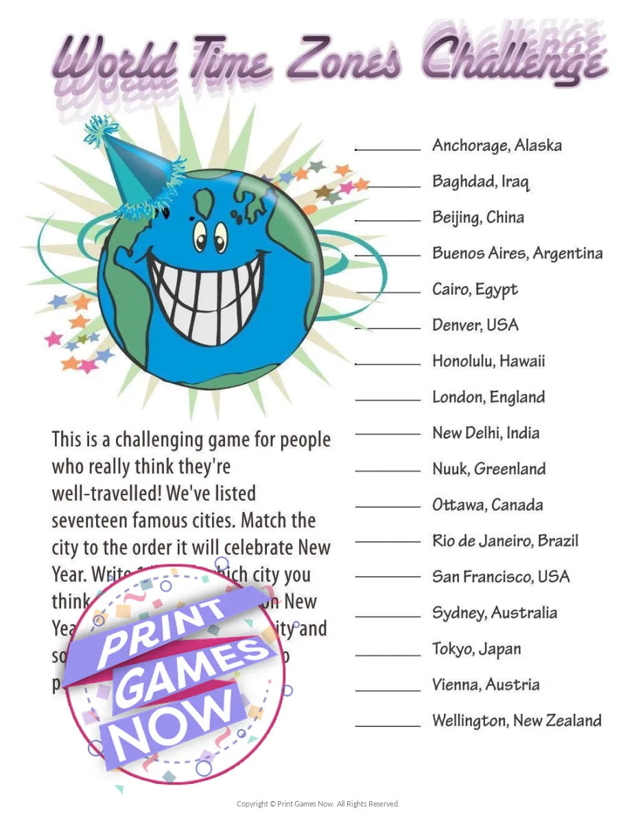 New Years Eve World Time Zones Challenge Party Game