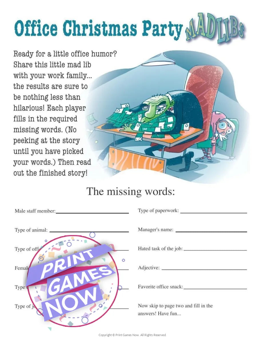 Office Christmas Mad Libs Party Game