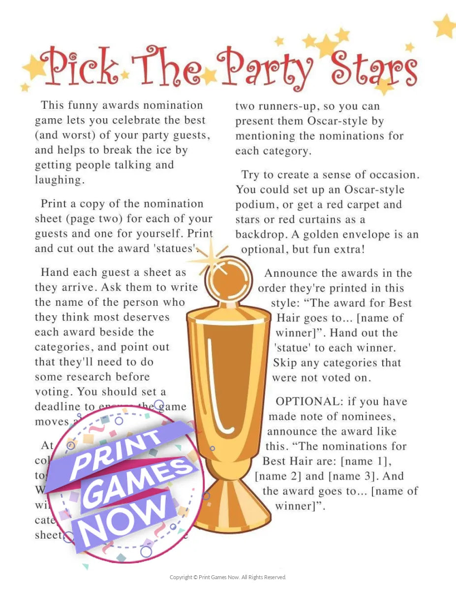 Pick The Party Stars Party Game