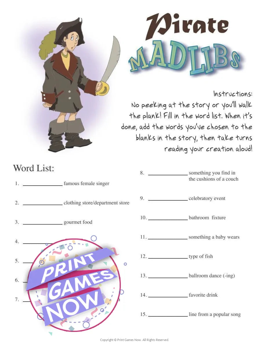 Pirate Mad Libs Party Game