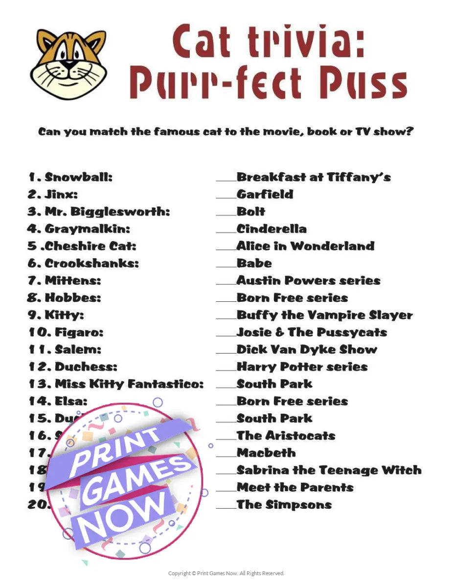 Pop Culture Cat Trivia Party Game