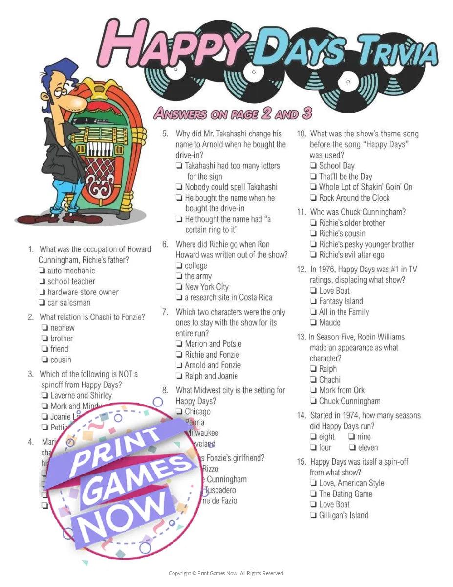 Pop Culture Happy Days Trivia Party Game