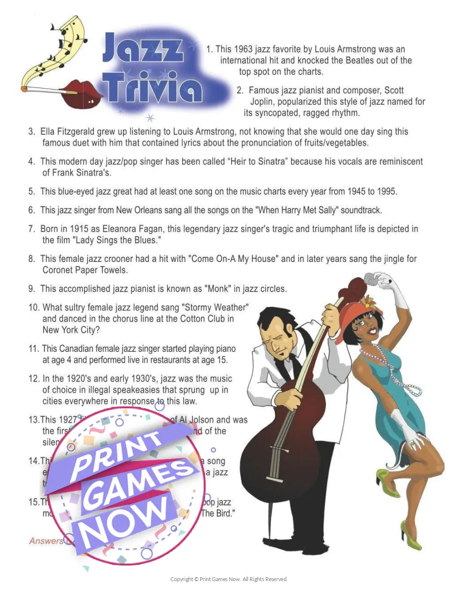 Pop Culture History of Jazz Trivia Party Game