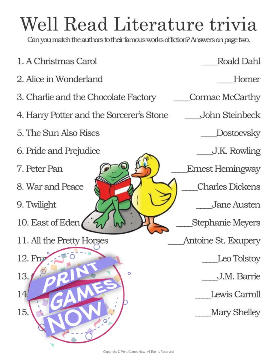 Pop Culture Literature Trivia Party Game