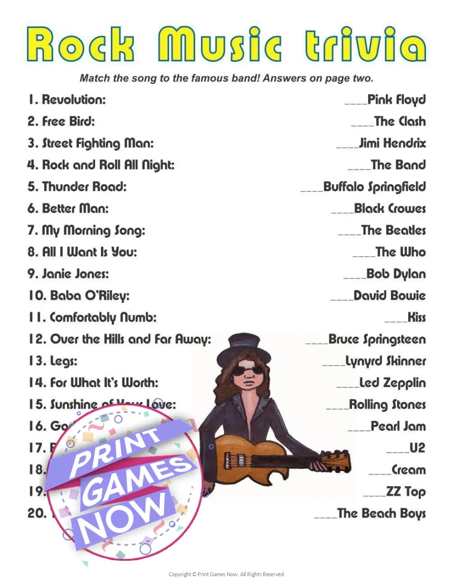 Pop Culture Rock Music Trivia Party Game