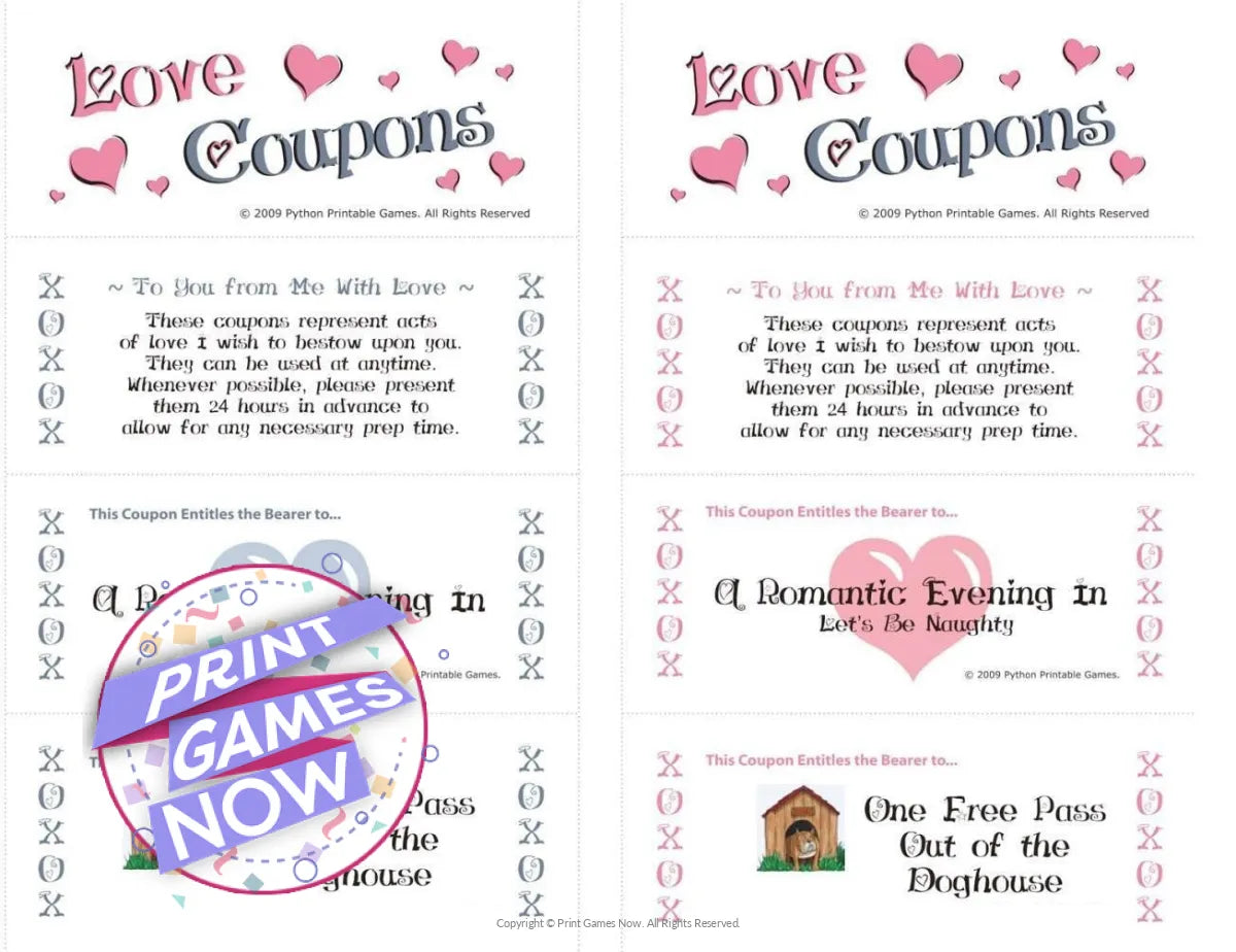 Romantic Coupons Adult Party Game for Couples