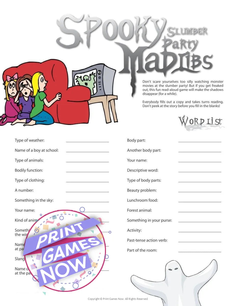 Slumber Party Spooky Mad Libs Game