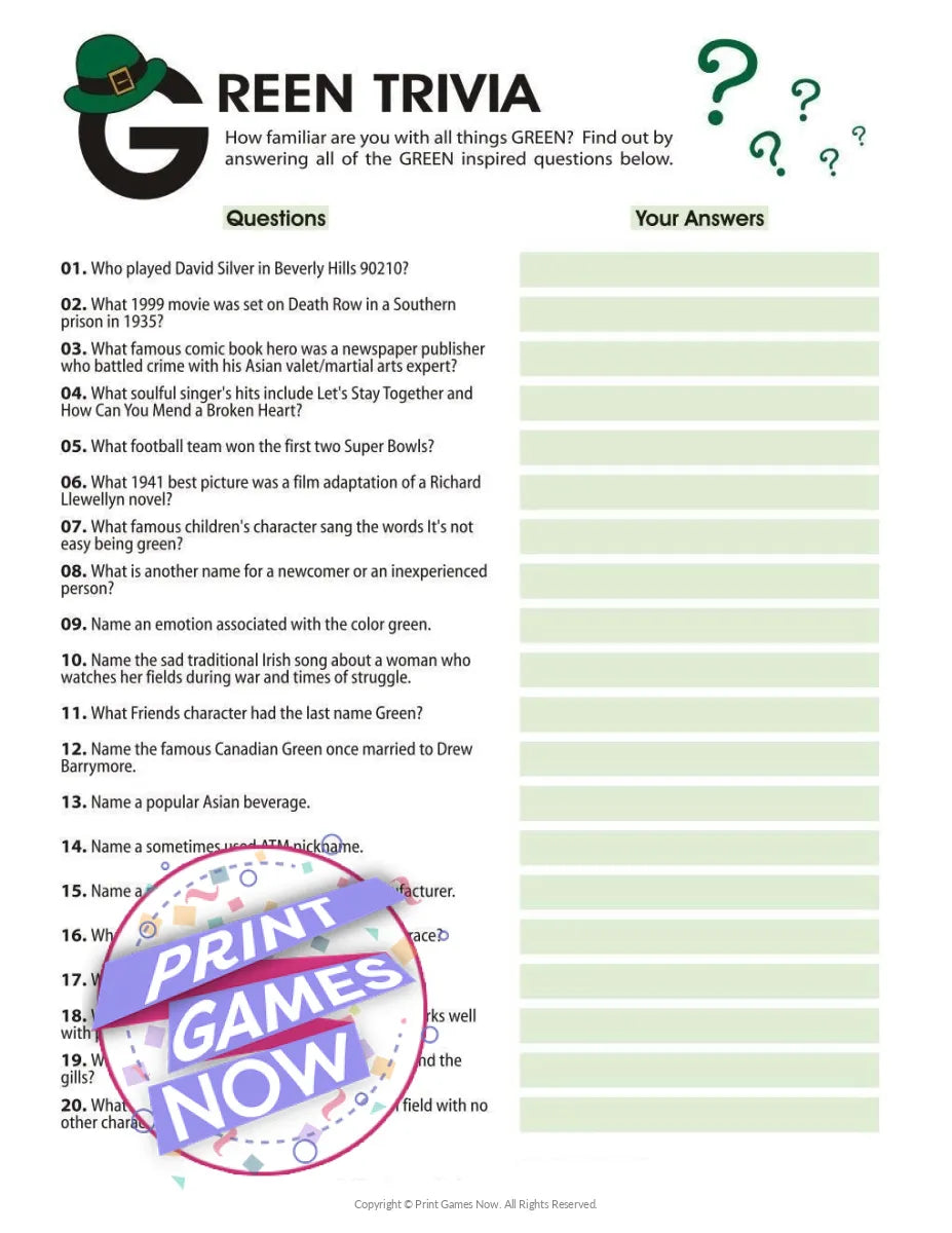 St Patricks Day Green Trivia Party Game