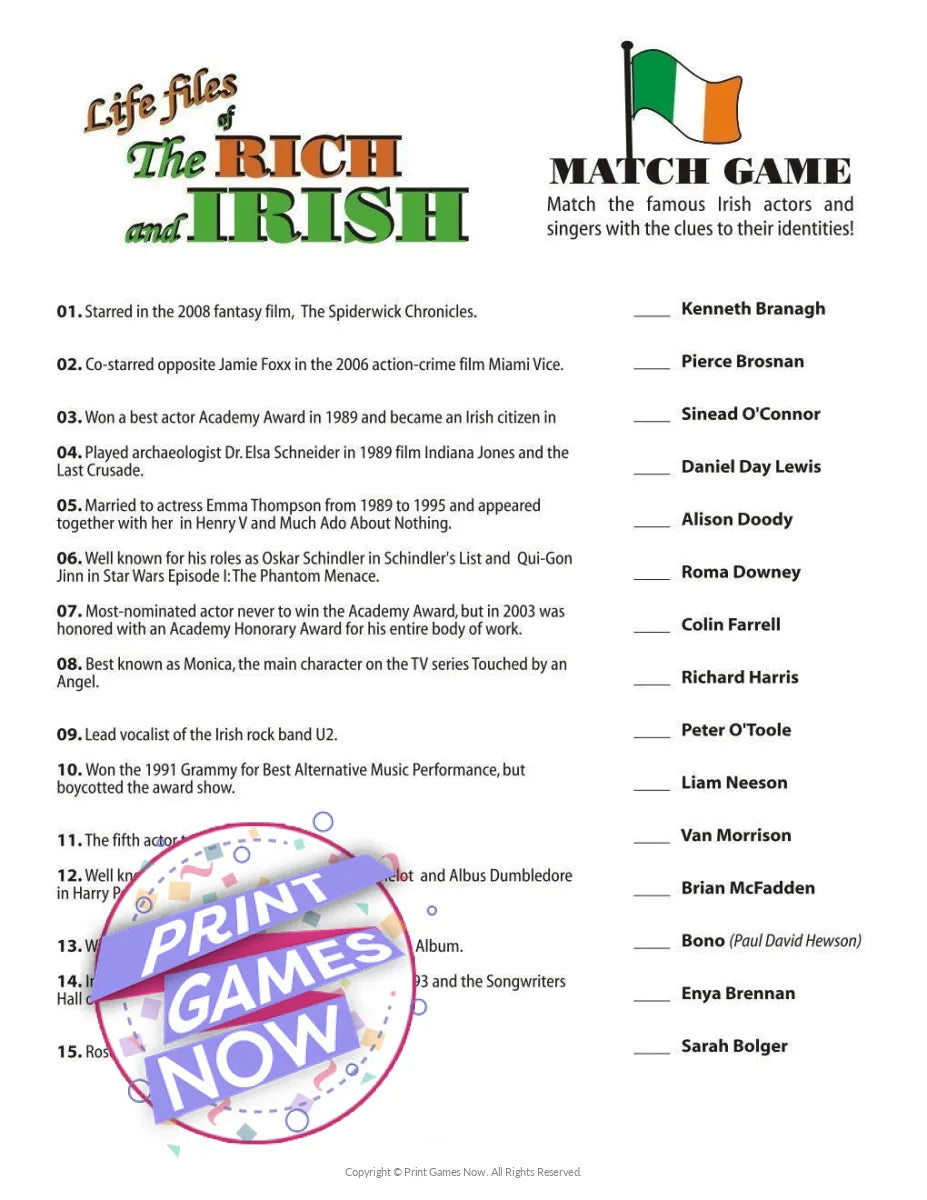 St Patricks Day Irish Celebrity Trivia Party Game