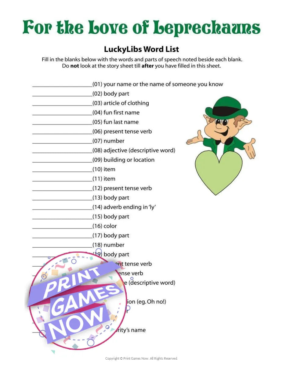 St Patricks Day St Patricks Mad Libs Party Game