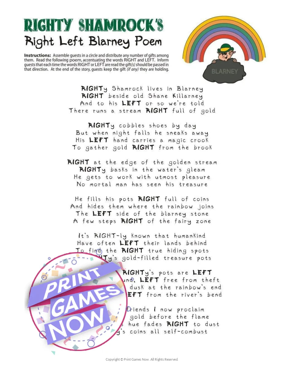 St Patricks Day Right-Left Poem Party Game