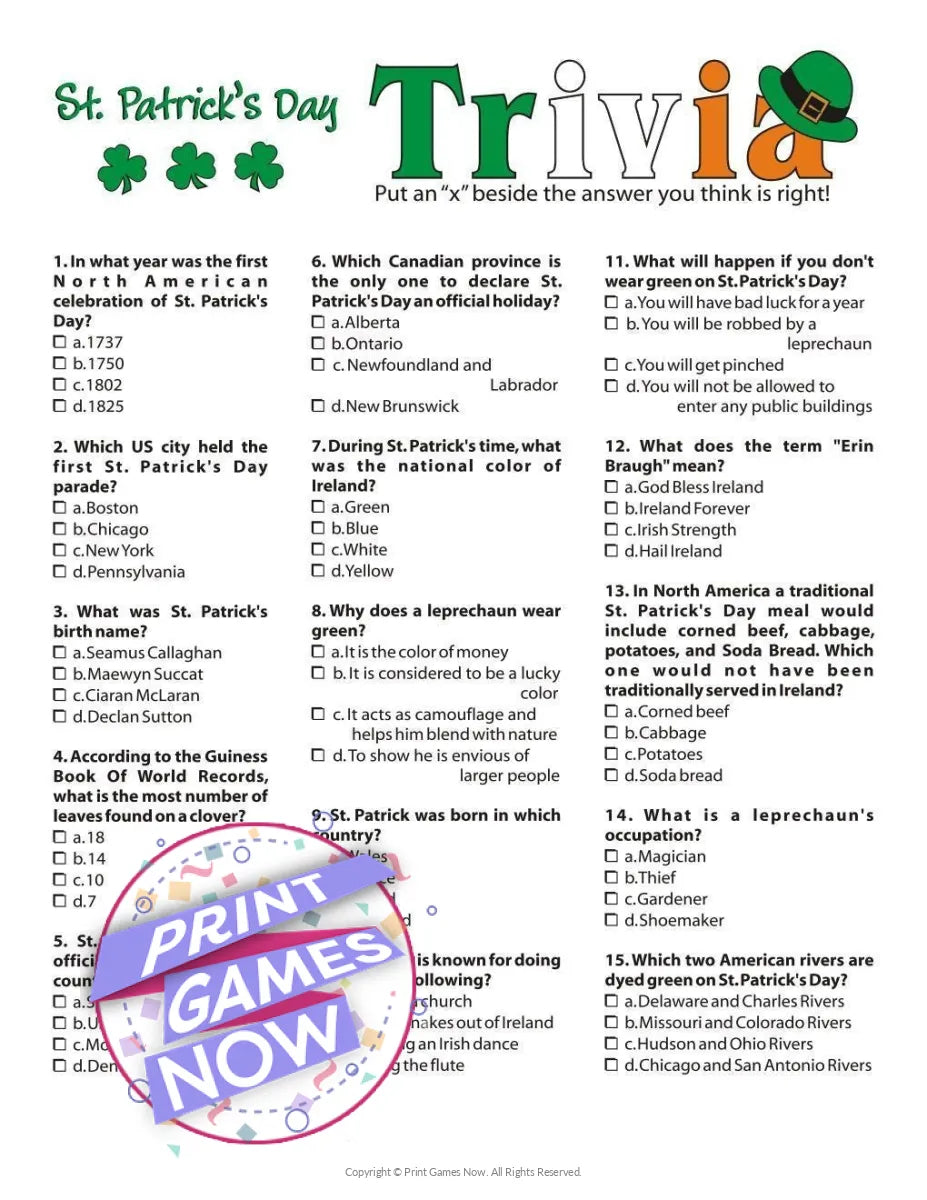 St Patricks Day Trivia Party Game