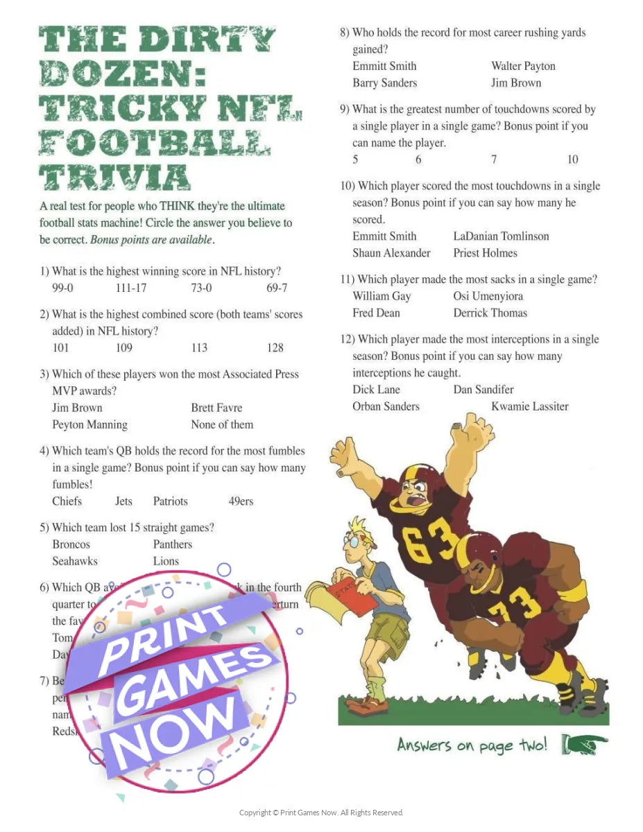 Super Bowl Dirty Dozen Trivia Party Game