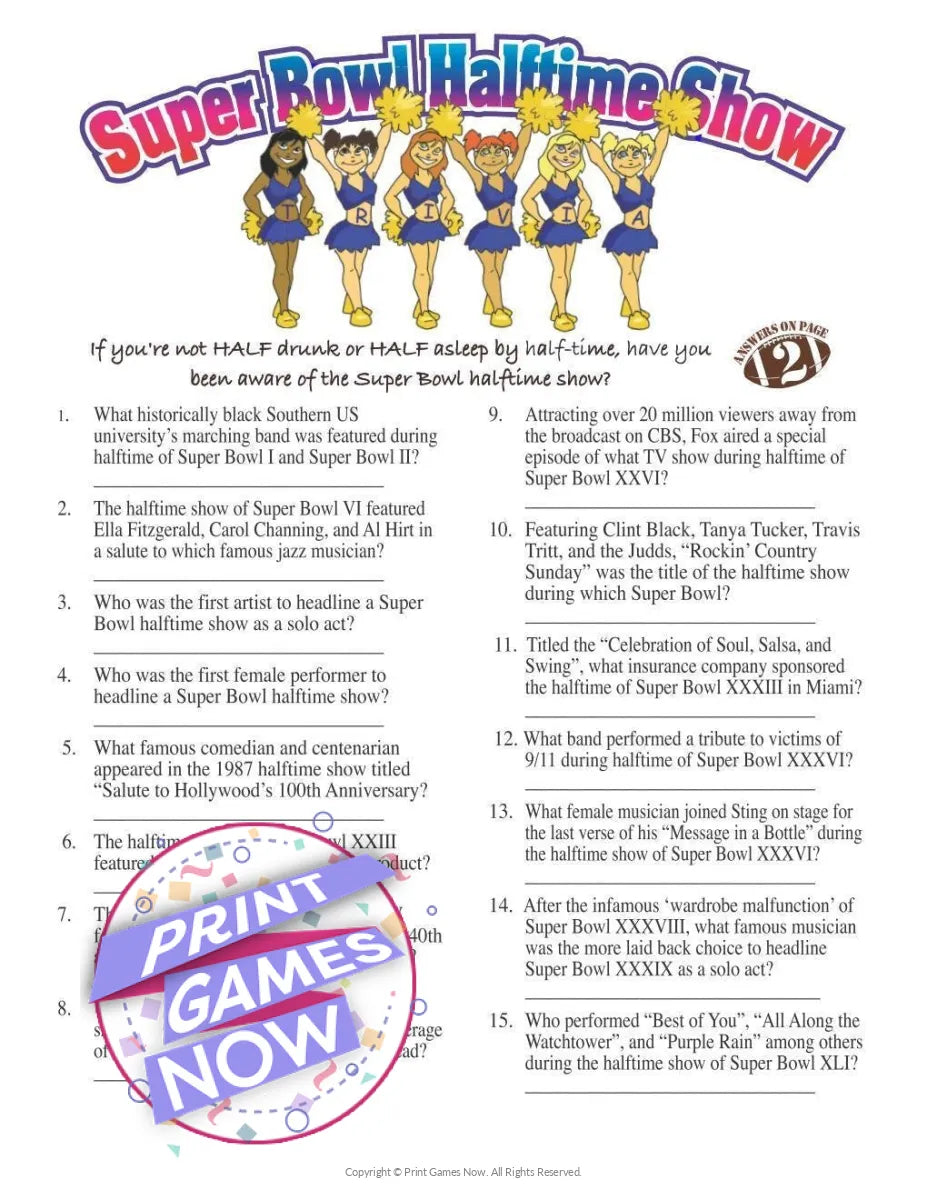 Super Bowl Halftime Show Trivia Party Game