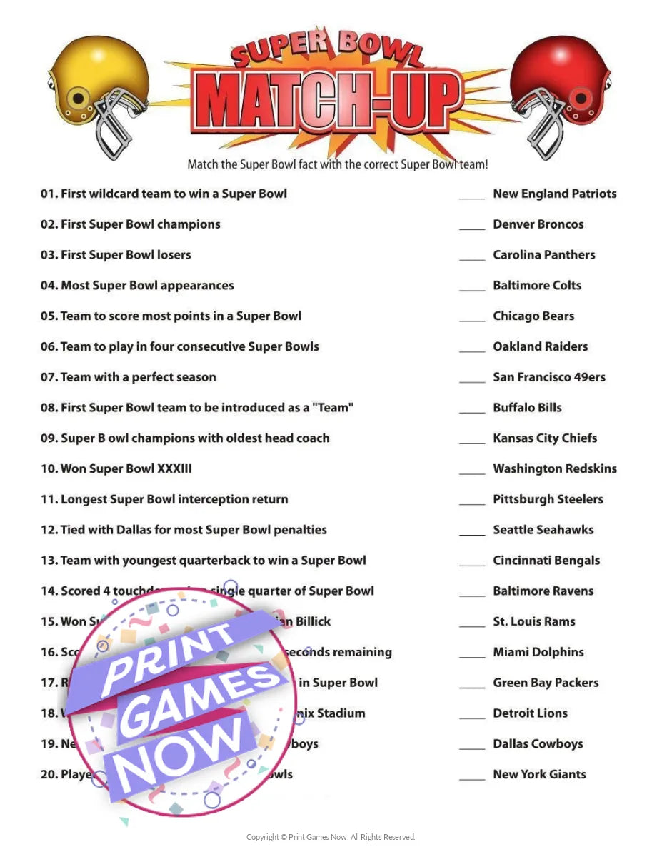 Super Bowl History Trivia Party Game