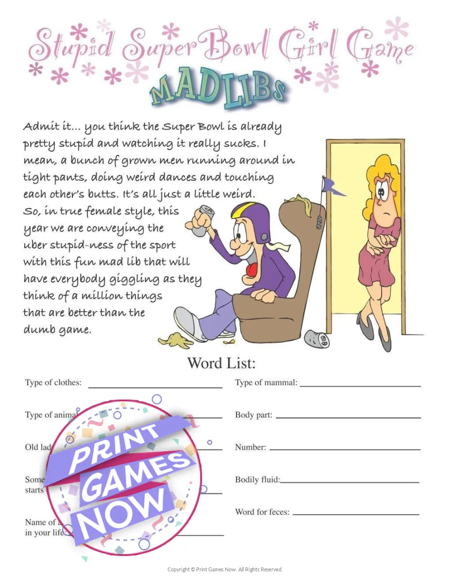 Super Bowl Super Bowl is Stupid Mad Libs Party Game