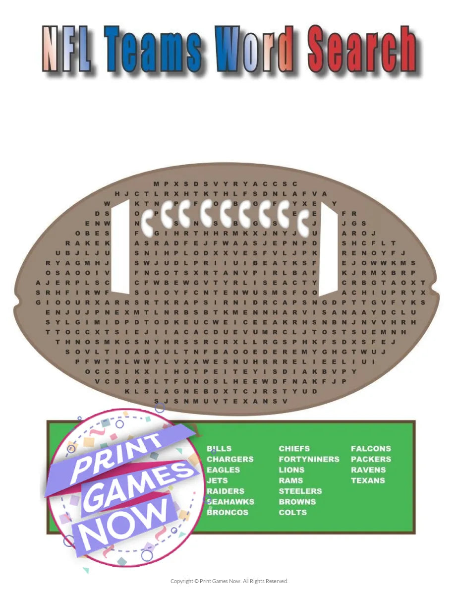 Super Bowl NFL Teams Word Search Party Game