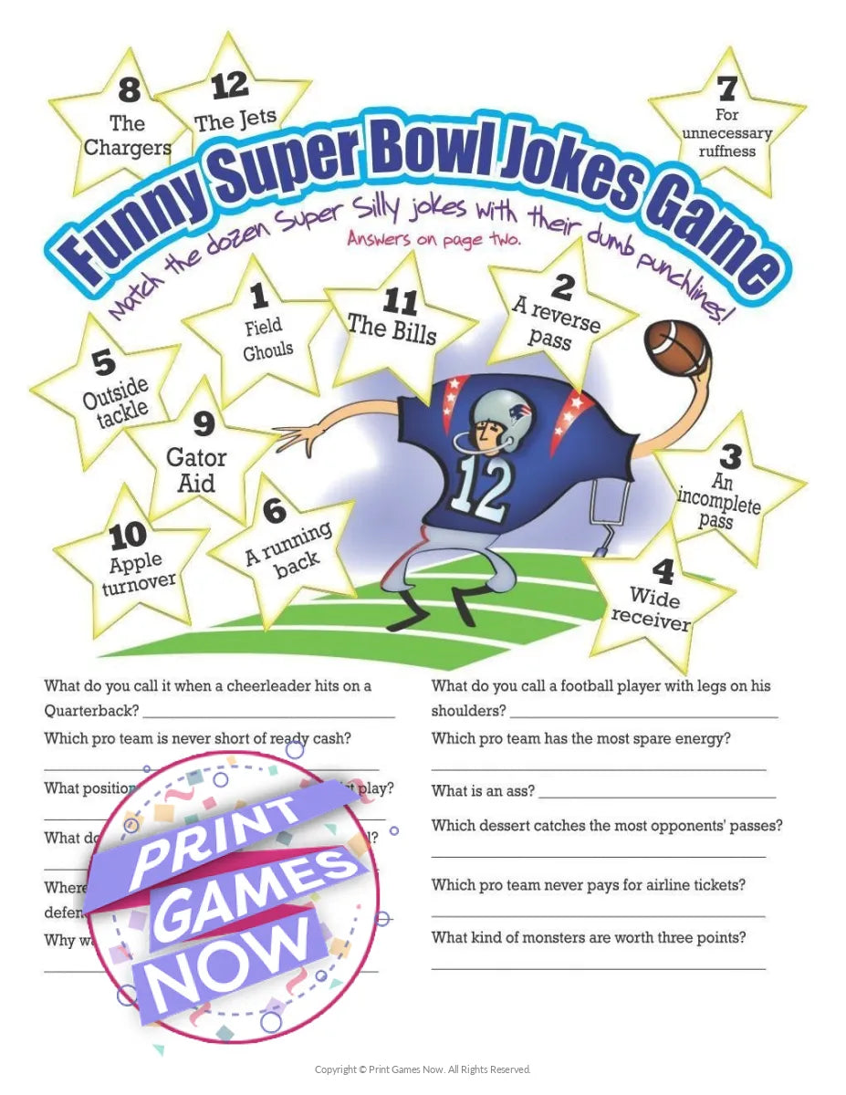 Printable Super Bowl Silly Jokes Party Game — Print Games Now