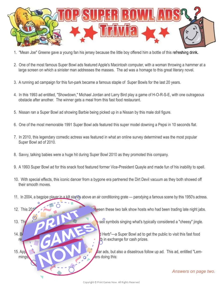 Super Bowl Top Ads Trivia Party Game