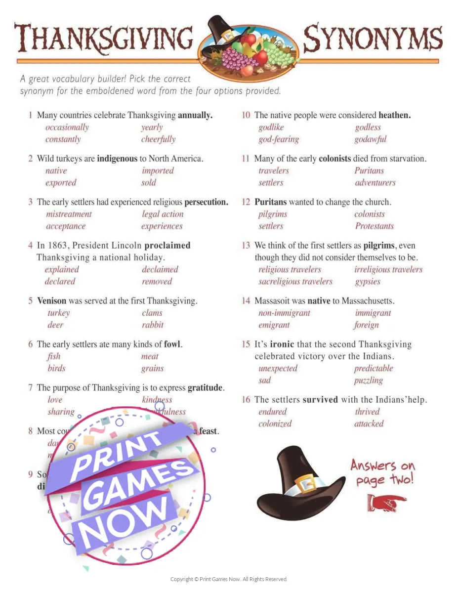Thanksgiving Synonyms Party Game