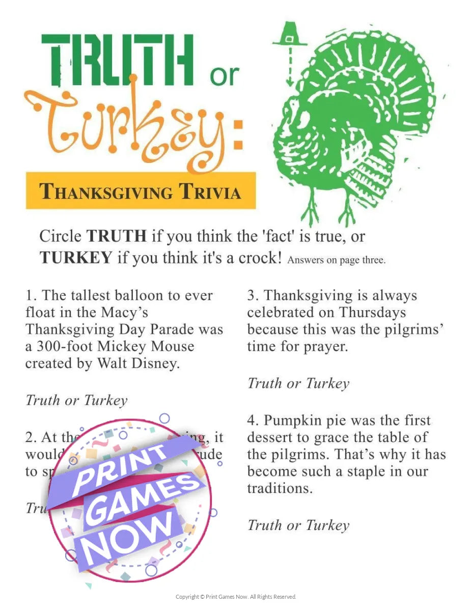 Thanksgiving Truth or Turkey? Trivia Party Game
